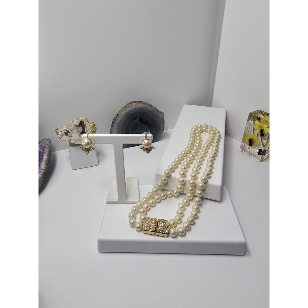 Vintage Christian Dior Gold Plated - Double Pearl Strand Necklace & Earrings